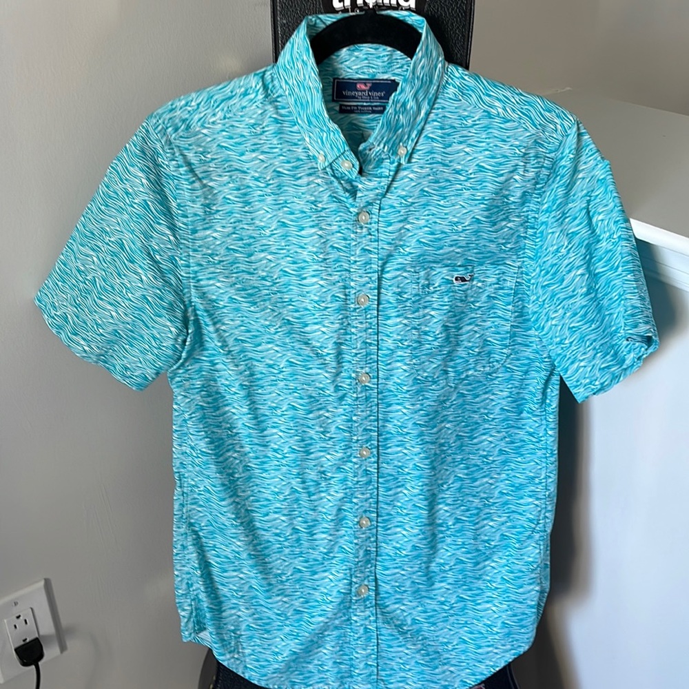 Vineyard Vine XS Slim Fit Tucker Shirt short sleeve button down teal and white